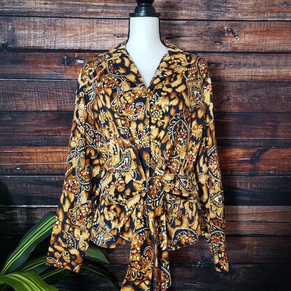Jones New York Top XL Boho Button Front Tie Front Blouse Cotton - Picture 7 of 9